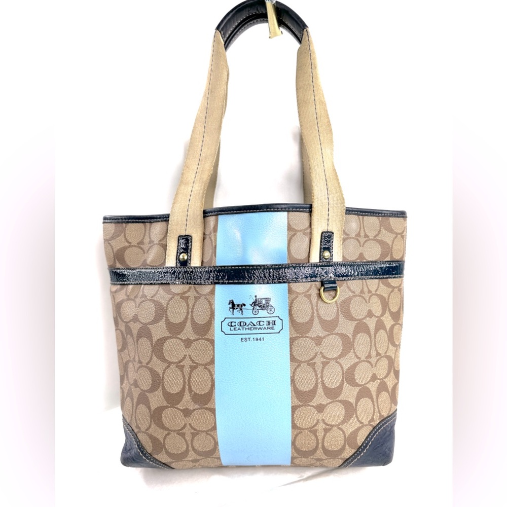 COACH Heritage 11350P Blue Stripe Tan Signature Coated Canvas Tote Shoulder Bag